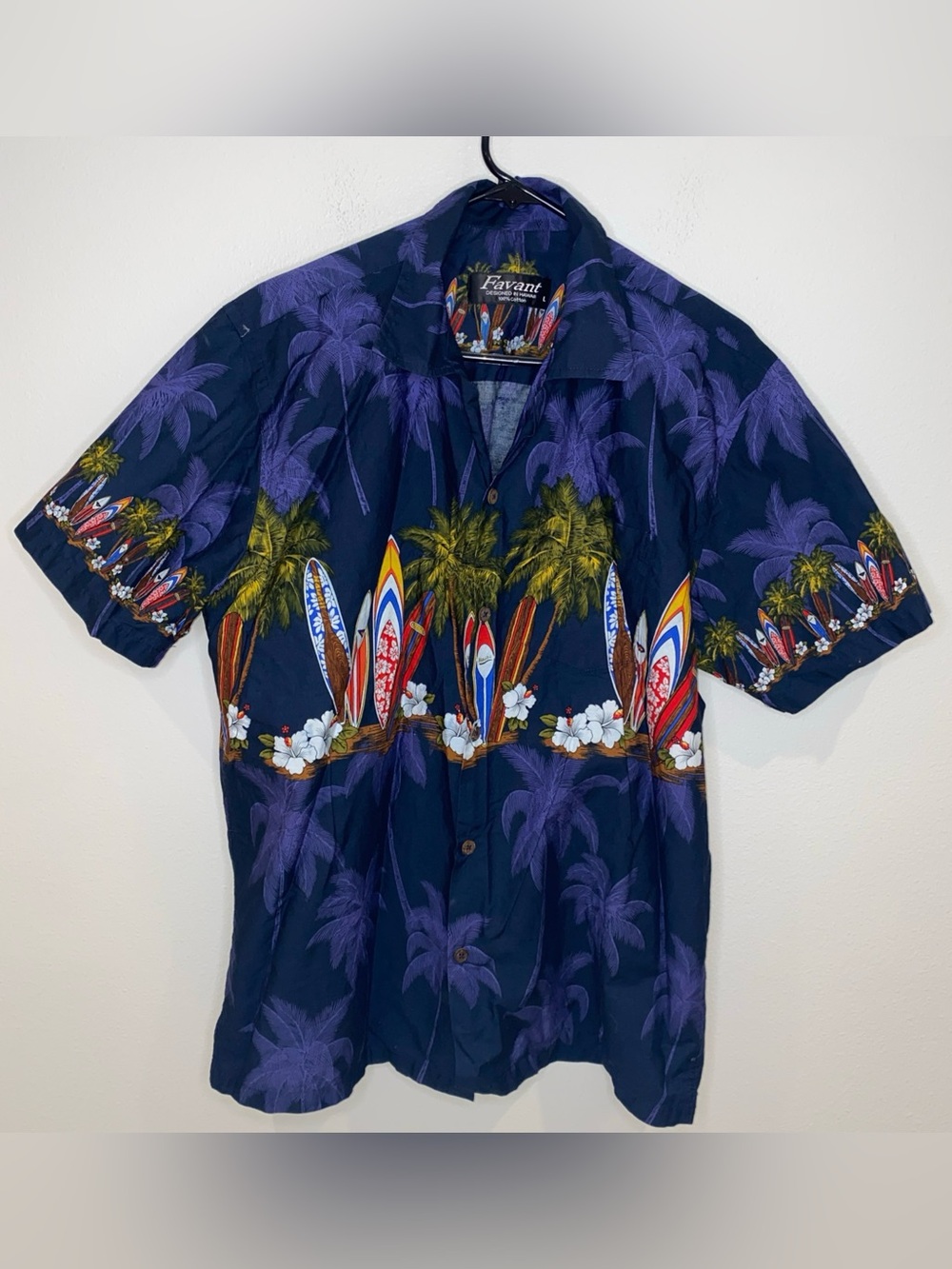 Favant Hawaiian Aloha Button Down Shirt Surfboards Palm Trees Size L Vacation